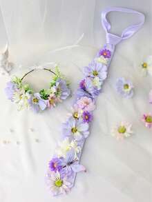薰衣草紫色花卉婚禮配件套裝，包含花環、花卉領結和手腕花飾。波希米亞田園風格，飾以人造花朵和蝴蝶，適合新娘、新郎、伴娘、海邊婚禮和拍照場景 - 淡紫色 - 查看 2