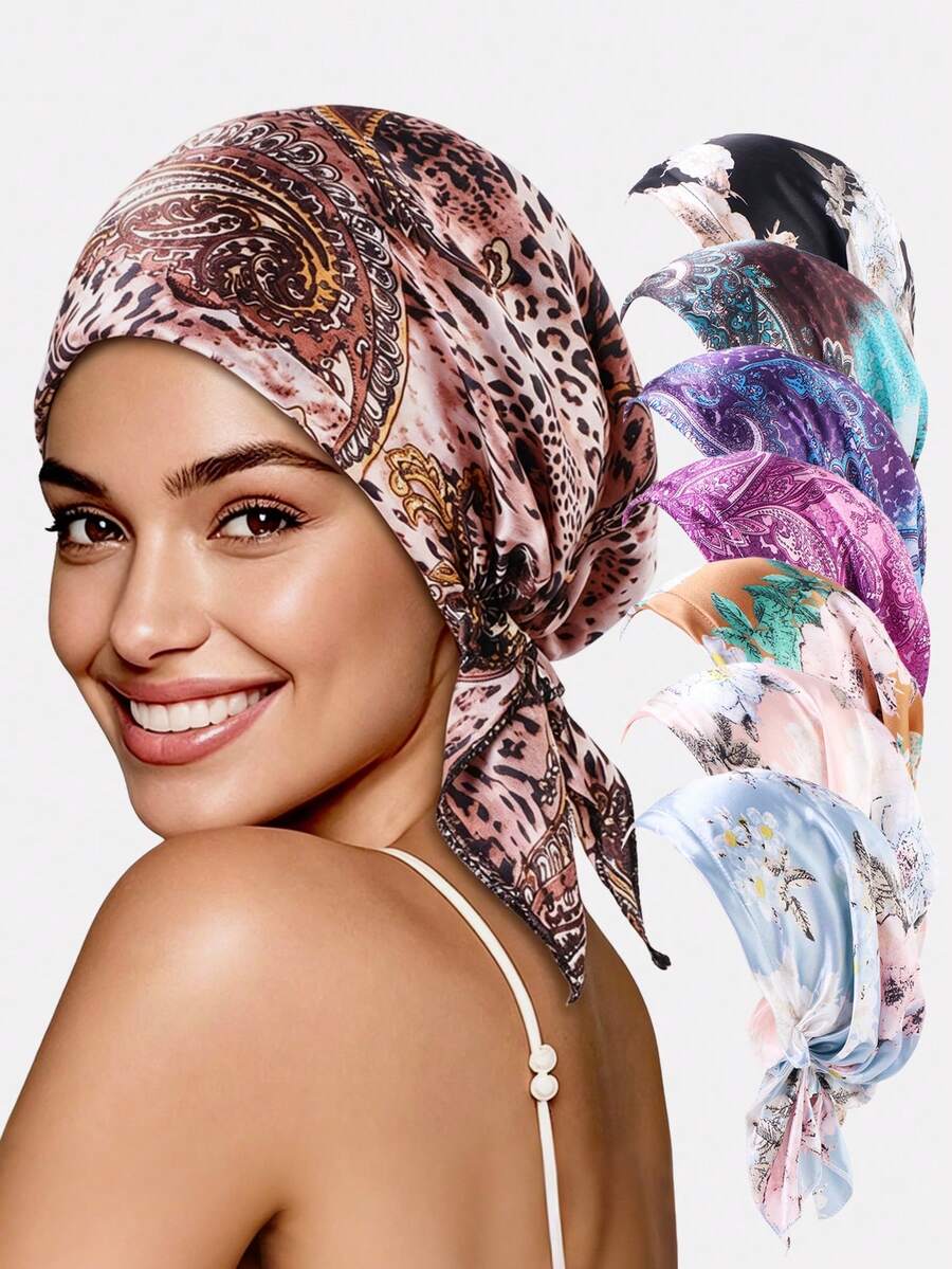 1pc Women's Satin Printed Triangle Hat, Headscarf Hat, Headwrap Hat, Pirate Hat, Fabric Hat, Suitable For Daily Use, Printed Polyester Material Hair Cap