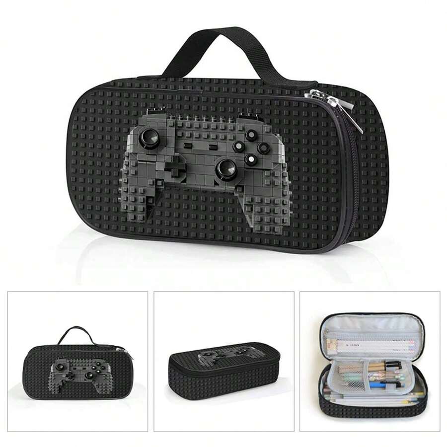 Unisex Printed Game Pencil Case With Compartments, Can Hold Pencils, Keys, Phones, Coins, Small Items, Suitable For School, Home, Gifts, Vacation, Festivals (Back To School, Christmas) - 遊戲黑色 - 查看 1