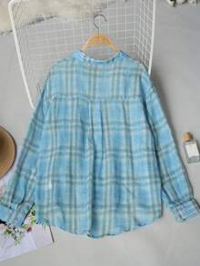 Camisa de botones con bolsillo a cuadros semitransparente para mujer, blusa holgada de manga larga estilo callejero dulce casual lindo para vacaciones, camisa de cuadros finos azul para mujer, cárdigan holgado de verano con solapa y bolsillo de manga larga - Azul - Ver 8