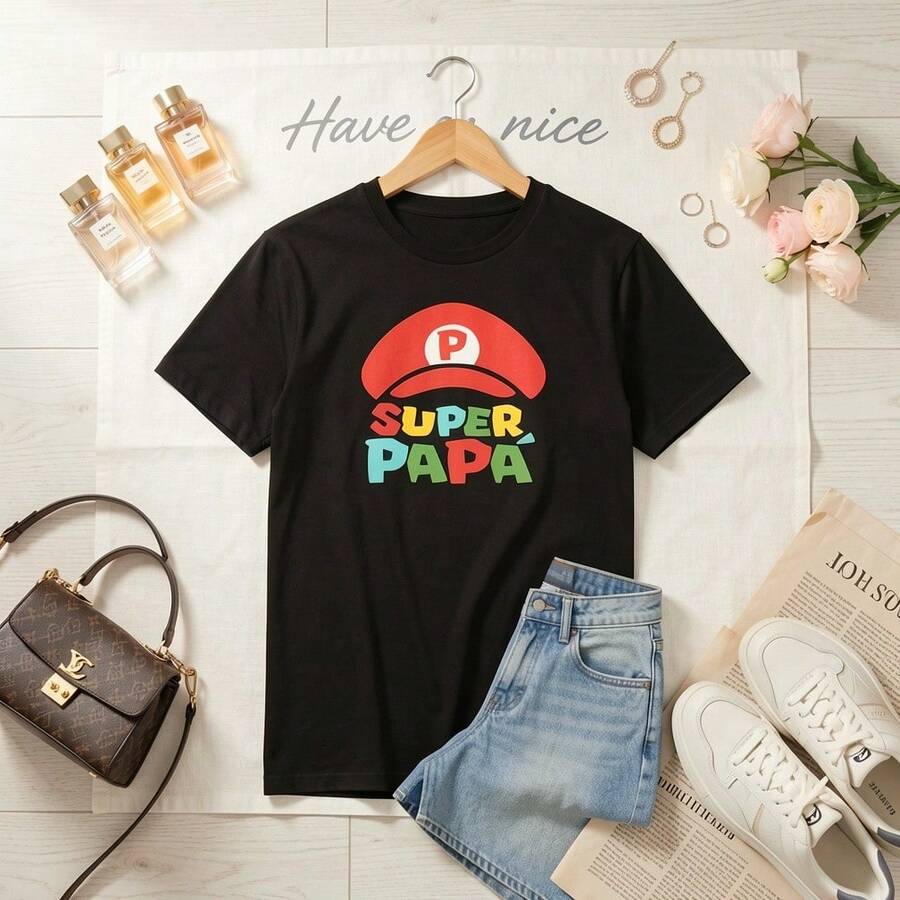 Camiseta para hombre con estampado gráfico divertido de Super Papa, regalo ideal para el día del padre o cumpleaños, estilo casual, manga corta, tela de algodón suave, ajuste cómodo. - Negro - Ver 1