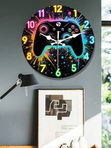 1 Stück Neon Licht Spielkontroller geformte Wanduhr - Farbenfrohe Retro Gaming Dekoration - Geeignet für Wohnzimmer, Schlafzimmer, Büro - Geschenk für Gamer, runde 2D Holz Wanduhr - Verschiedenfarbig - Übersicht 3
