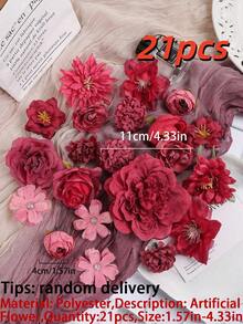 21/42件紅色仿真花/模擬花材包，適用於居家裝飾、畢業典禮、婚禮、派對裝飾。情人節、母親節禮物、花盒材料、新年裝飾。 - 紅色 - 查看 7