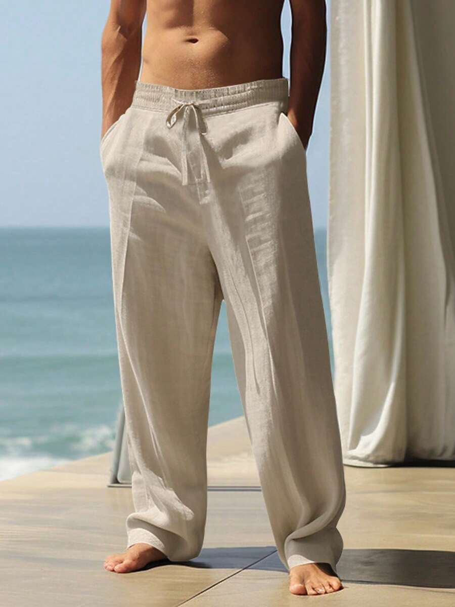Men's Breathable Lightweight Loose Linen Sports Pants, Suitable For Summer/Spring Wear, Beach Shorts - Khaki - View 1