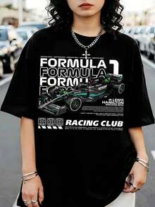 FormulaS 1 Racing Club Graphic T-Shirt, F1 Crew Neck T-Shirt, Casual Black Short-Sleeved Top For Fans - Black - View 1