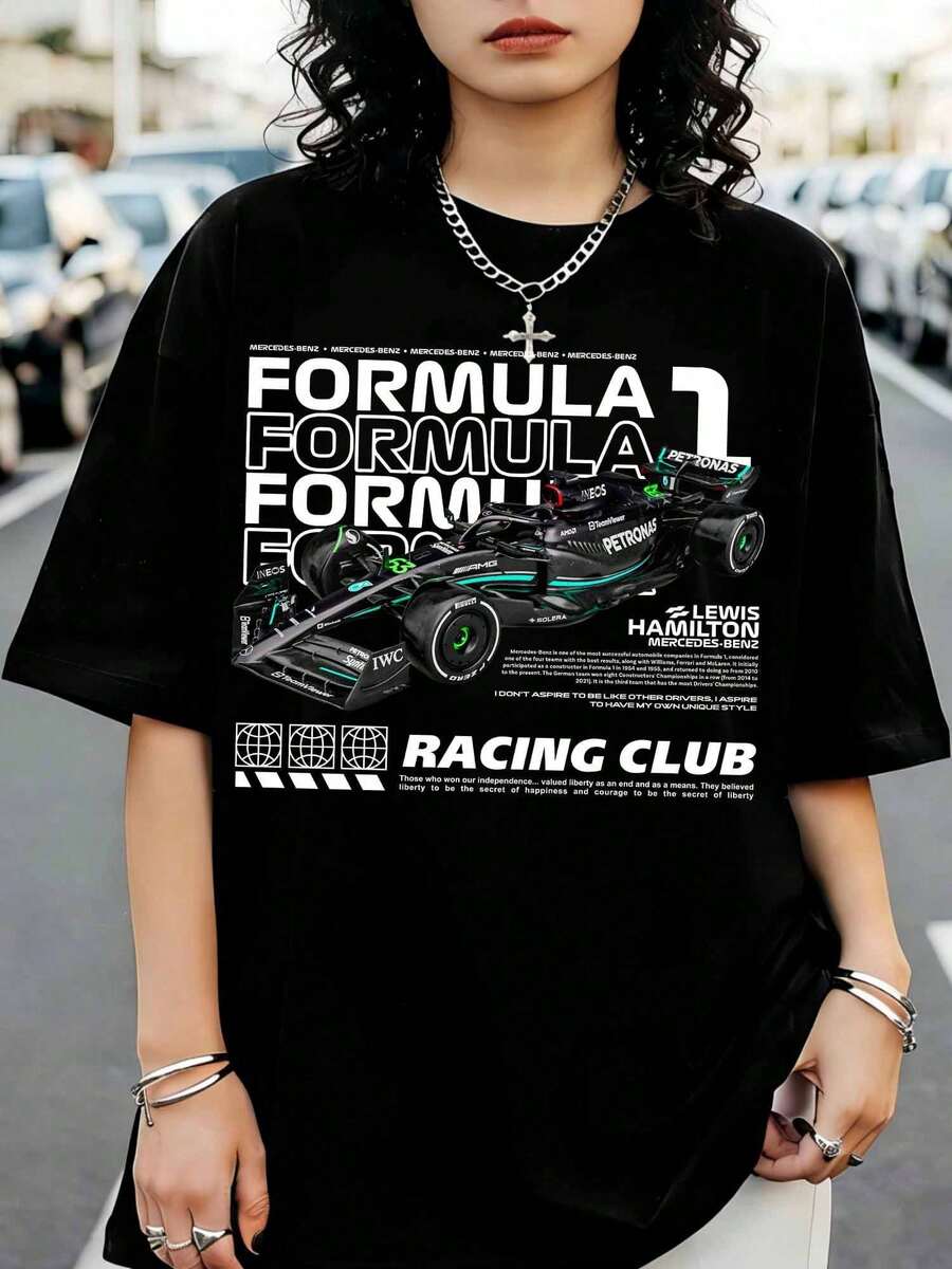 FormulaS 1 Racing Club Graphic T-Shirt, F1 Crew Neck T-Shirt, Casual Black Short-Sleeved Top For Fans - Black - View 1