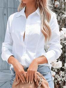 Camisa blanca elegante, diseño con botones delanteros, bajo regular, adecuada para uso casual de oficina en primavera - Negro - Ver 7