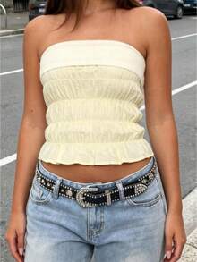 Women's Strapless Vest Stylish Patchwork Sleeveless Ruched Tube Tops For Party Date Night Wear - Yellow - View 1