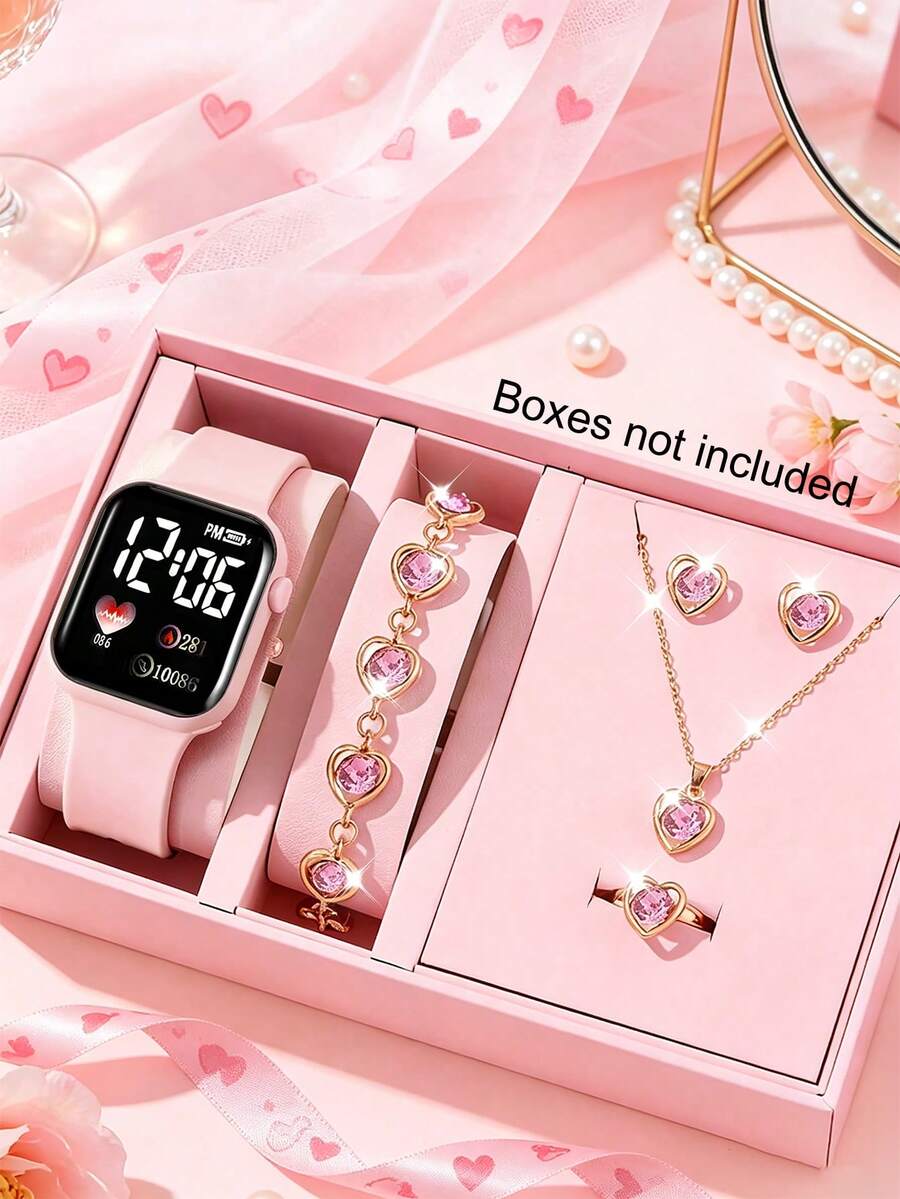 6pcs/Set Pink Girls Sports Electronic Watch Square And Heart Rhinestone Jewelry Set, Casual, Holiday Gift