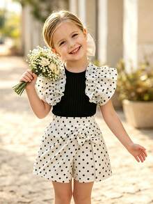 Young Girls' French Sweet Style Black & White Polka Dot Set, Ruffled Sleeve Ribbed Tank Top + Bow Decor Skirt Shorts 2pcs Outfit, Summer Holiday Party - Black - View 2