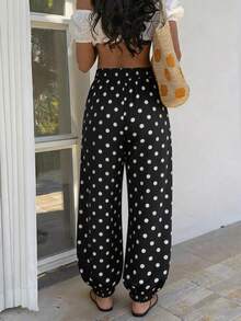 Polka Dot Polyester Women's Pants, Suitable For Holidays, School, Office, Home, Travel, Airport, Sports & Fitness, Country Music Festivals, Spring/Summer ,Petite Women - Black and White - View 2