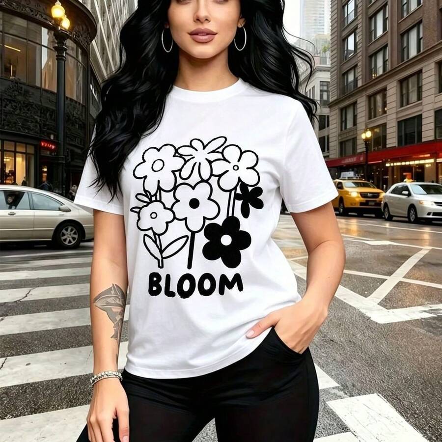 Camiseta de mujer con estampado floral estilizado y la palabra "BLOOM" - diseño casual de manga corta, ajuste slim cómodo y moderno, estilo urbano para calles y ciudades - ideal para el Día de la Madre, el Día de las Madres y regalo perfecto para mam - Blanco - Ver 1