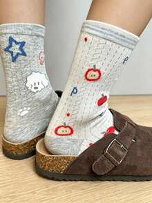 4 Pairs Cute Cartoon Printed Mid-Calf Socks, Soft & Breathable Apple & Puppy Pattern, Suitable For Daily Wear And School - Multicolor - View 4