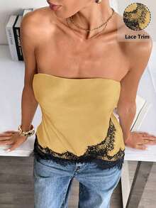 Top bandeau de satén mate con ribete de encaje, de moda casual de verano para playa y resort para mujer - Amarillo - Ver 7
