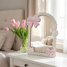1pc Cute Acrylic Decorative Mirror, Wooden Frame With Bowknot Decor, Bohemian Style, Suitable For Living Room, Bedroom, Bathroom Home Decor, Girls Makeup Mirror, Dorm Decor, Shatterproof, Christmas Decoration - Acrylic Mirror Wall Stickers - View 6