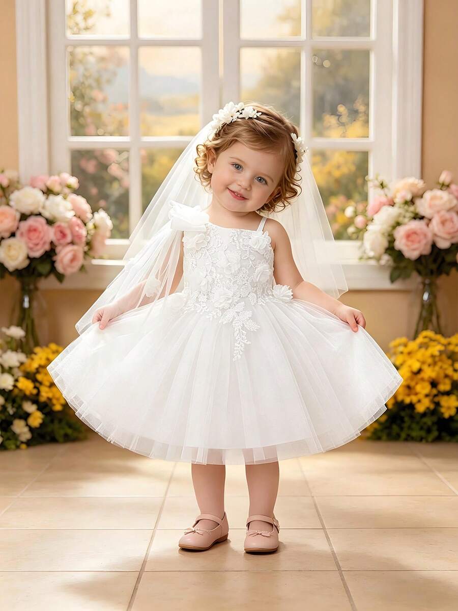 Robe de princesse en maille avec nœud & fleur pour bébé fille, convient pour fête & demoiselle d'honneur, motif de tissu aléatoire, bandeau non inclus - Blanc - Voir 1
