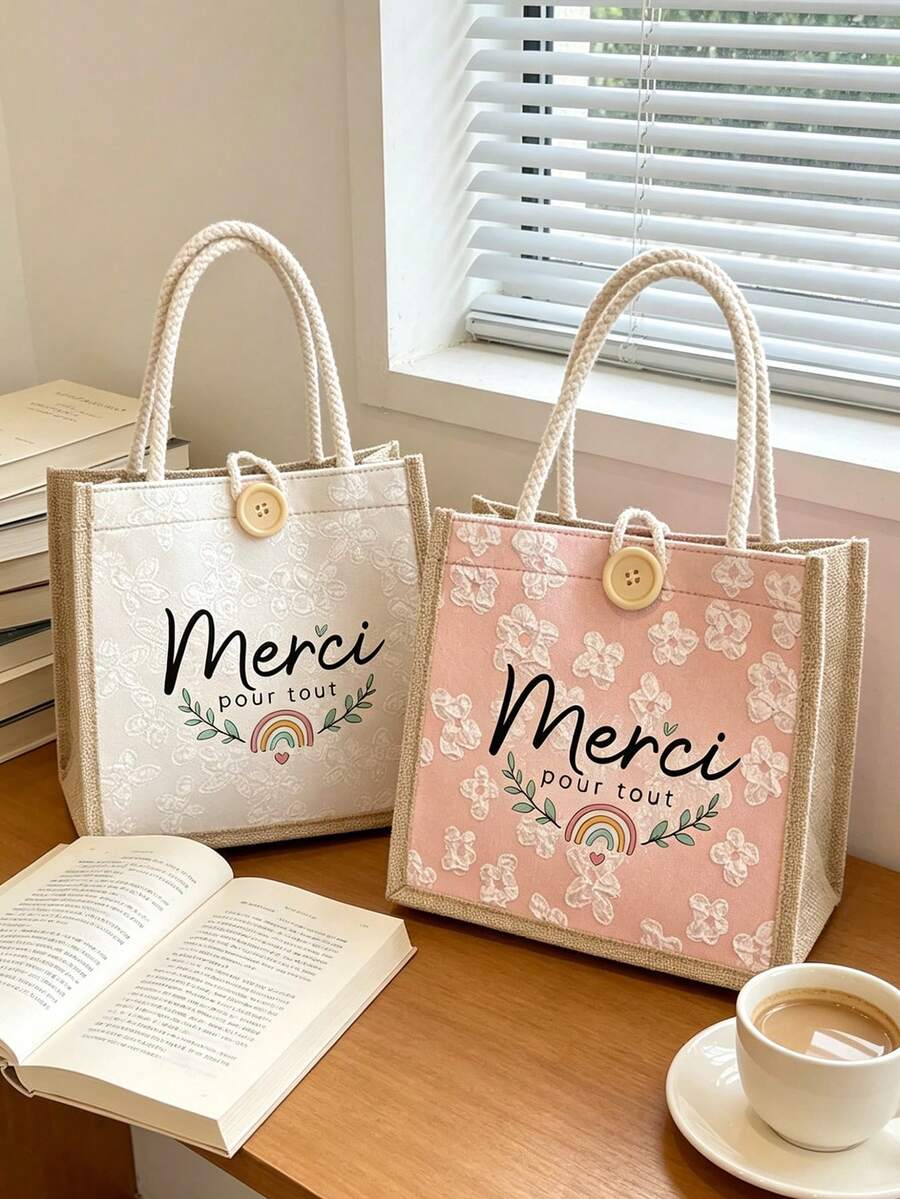 Teacher Print Linen Tote Bag, Teacher Appreciation Handbag, Teacher's Day Gift, Reusable Printed Tote Bag, Suitable For Commuting And School, Back To School - Multicolor - View 1