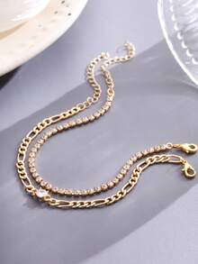 2pcs/Set Fashion Minimalist Cubic Zirconia Inlaid Bracelet, Fully Paved Crystal Bracelet Set For Women - Yellow Gold - View 6
