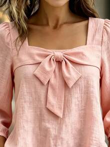 Women's Casual Elegant Textured Solid Color Bow Long Sleeve Blouse Top Versatile For Daily Wear - Coral Pink - View 5