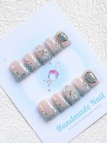 10 PIEZAS - Uñas postizas, forma cuadrada, 100% hechas a mano, estilo Y2K, de calidad resistente, reutilizables. Color rojo rosa, estilo francés, efecto 3D, adecuado para uso diario, fiestas, también el mejor regalo de vacaciones para niñas y mujeres. - Azul - Ver 3