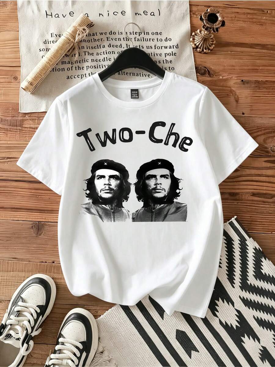 Two-Che Guevara Black & White Collage Tee.Vintage Graphic Print Casual Cotton Short Sleeve T-Shirt - White - View 1