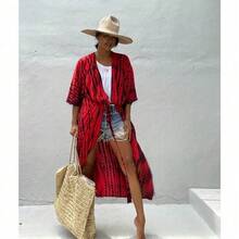 Women's Tie Dye & Leopard Print Kimono Cover Up, Loose Open Front Long Beach Cardigan, Casual Swimsuit Coverups For Summer - 綠色(ZS1660-15) - 查看 5