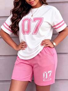 Spring/Summer Women's New Casual Versatile Colorblock Preppy Style Round Neck Digital 07 Print Short Sleeve Top With High-Waist Loose Elegant - Pink + White - View 3