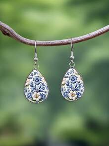 1 Pair Chinese Style Blue And White Porcelain Floral Pattern With 316 Stainless Steel Water Drop Earrings Suitable For Women's Daily Wear - Baby Blue - View 2