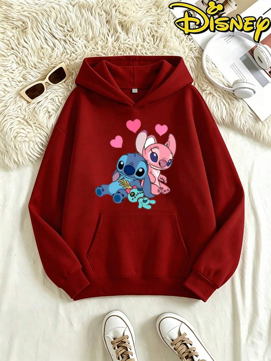 Disney Lilo & Stitch "Stitch & Angel" Printed Hoodie, Double-Sided Graphic Design, Cute Cartoon Character Pullover, Casual Loose Fit Sweatshirt For Daily And Casual Wear - Đỏ - Xem 1