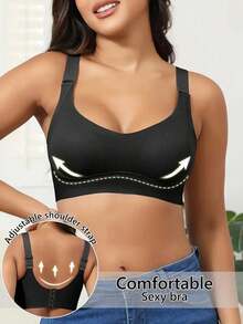 4-Piece Plus Size Bra, Seamless Breathable Wireless Sports Bra For Women - Full Coverage Design, Anti-Slip Material, With Lifting And Support Functions, Comfortable To Wear, Ribbed Details, Made Of Nylon And Elastic Fiber Blend, Hand Wash. Elegant Solid Color Design.Plus Size Lingerie - 彩色 - 查看 2