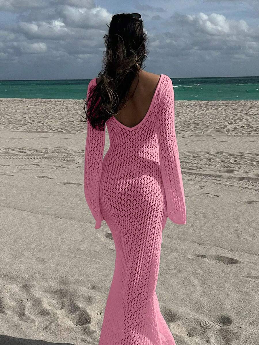 Women's Long Sleeve Hollow Out Swimsuit Cover Up, Elegant Bohemian Style V-Neck Maxi Dress For Vacation Beach Summer