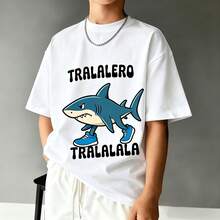 Teenage Boys' Cartoon Shark Print Round Neck T-Shirt, Y2K Style Casual Soft Top, Spring/Summer - White - View 1