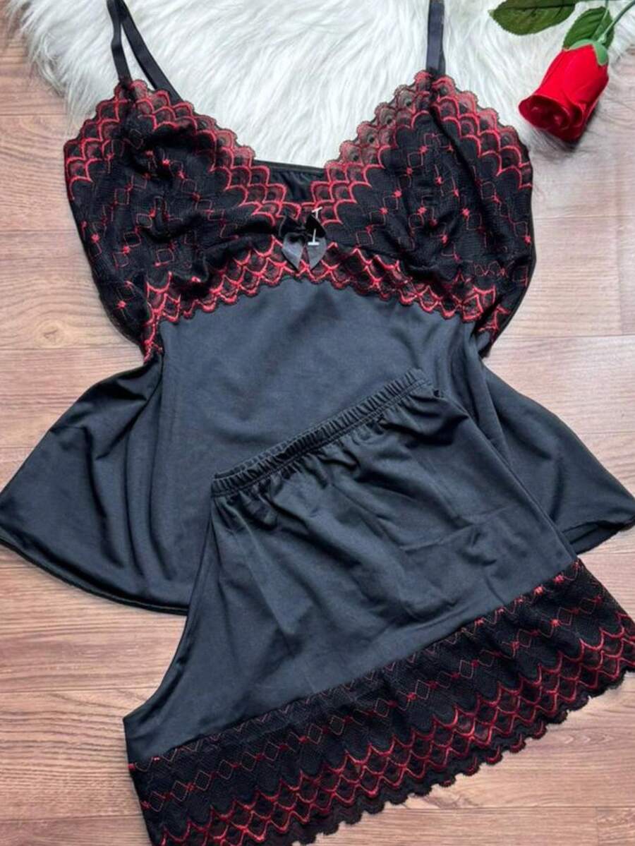 Short Doll Women's Pajama Set/ Two-Tone Lace - Graphite - View 1