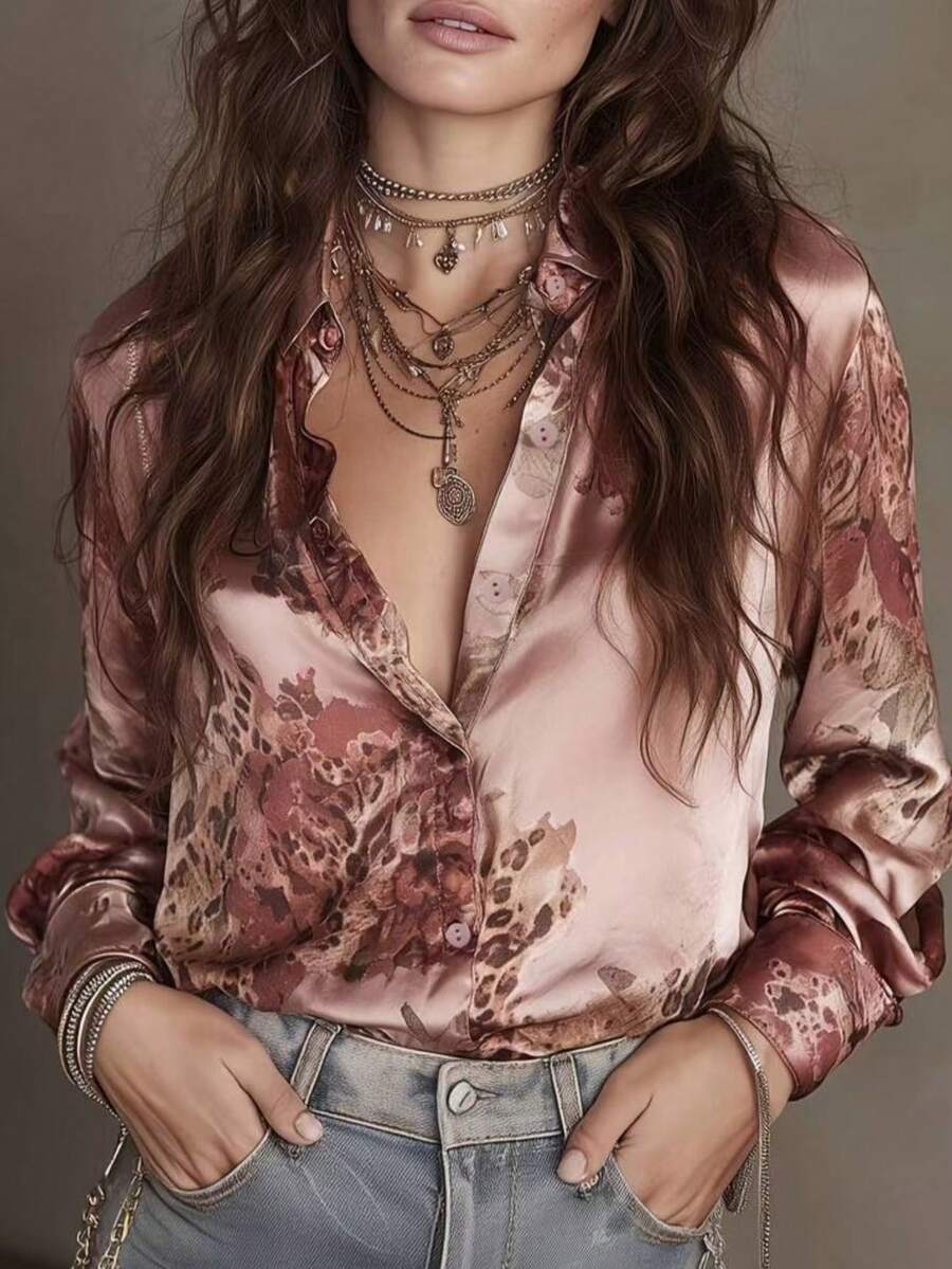 Plus Size Bohemian Style Shiny Satin Button-Up Shirt, Vintage Leopard Print Floral Loose Top, Tummy-Covering Blouse, Suitable For Daily, Party, Vacation Wear - Multicolor - View 1