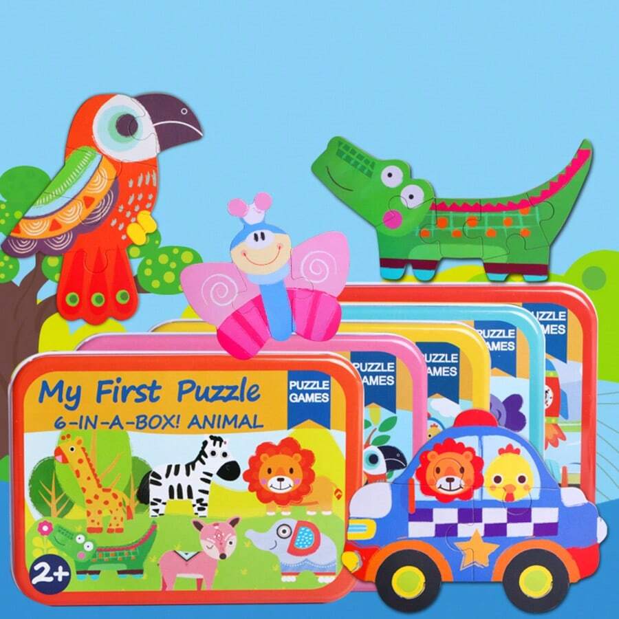 Puzzle Kotak Kayu Anak-Anak, Puzzle Jigsaw Kayu Bergambar Hewan Kartun & Transportasi, Mainan Edukatif Menyenangkan untuk Anak Laki-Laki dan Perempuan - MultiWarna - View 1