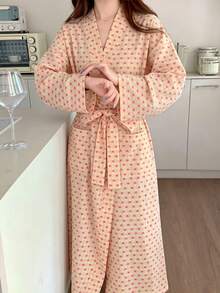 1pc Comfortable Pink & White Heart Pattern Tie Front Women's Bathrobe, Open Front Kimono Style, Suitable For Summer & Autumn Wear, Cozy Loungewear, Perfect For Bridal Party, Honeymoon And Spa Day - Red and White - View 5