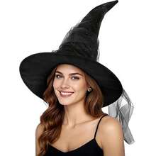 Black Tassel Witch Hat, Halloween Spider & Bat Decorated Wizard Hat, Wrinkled Horror Party Costume Accessory - Hat - View 5