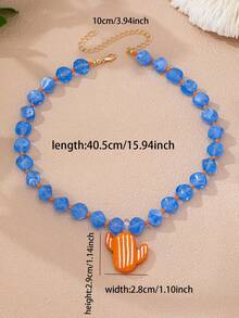 1pc Blue Resin Bead Layered Necklace Set - Light Blue Marble Textured Bead Choker Necklace With Cactus Pendant, Bohemian Summer Fashion Accessory - Multicolor - View 4