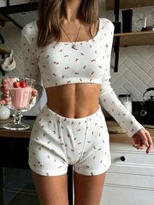 2pcs Women All Season Printed Long Sleeve Top And Shorts Pajama Set - White - View 2