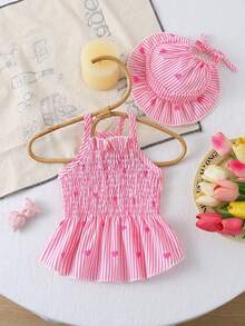 Summer Pet Pink & White Striped Heart Halter Set: Ruffle Waist Top + Matching Sun Hat Dog Clothes - Pink - View 10