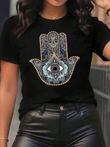 Women's T-Shirt With Hamsa Hand And Eye Print, Round Neck, Casual Daily Wear, Soft And Comfortable, For Festivals, 220g, 100% Cotton - 黑色 - 查看 1