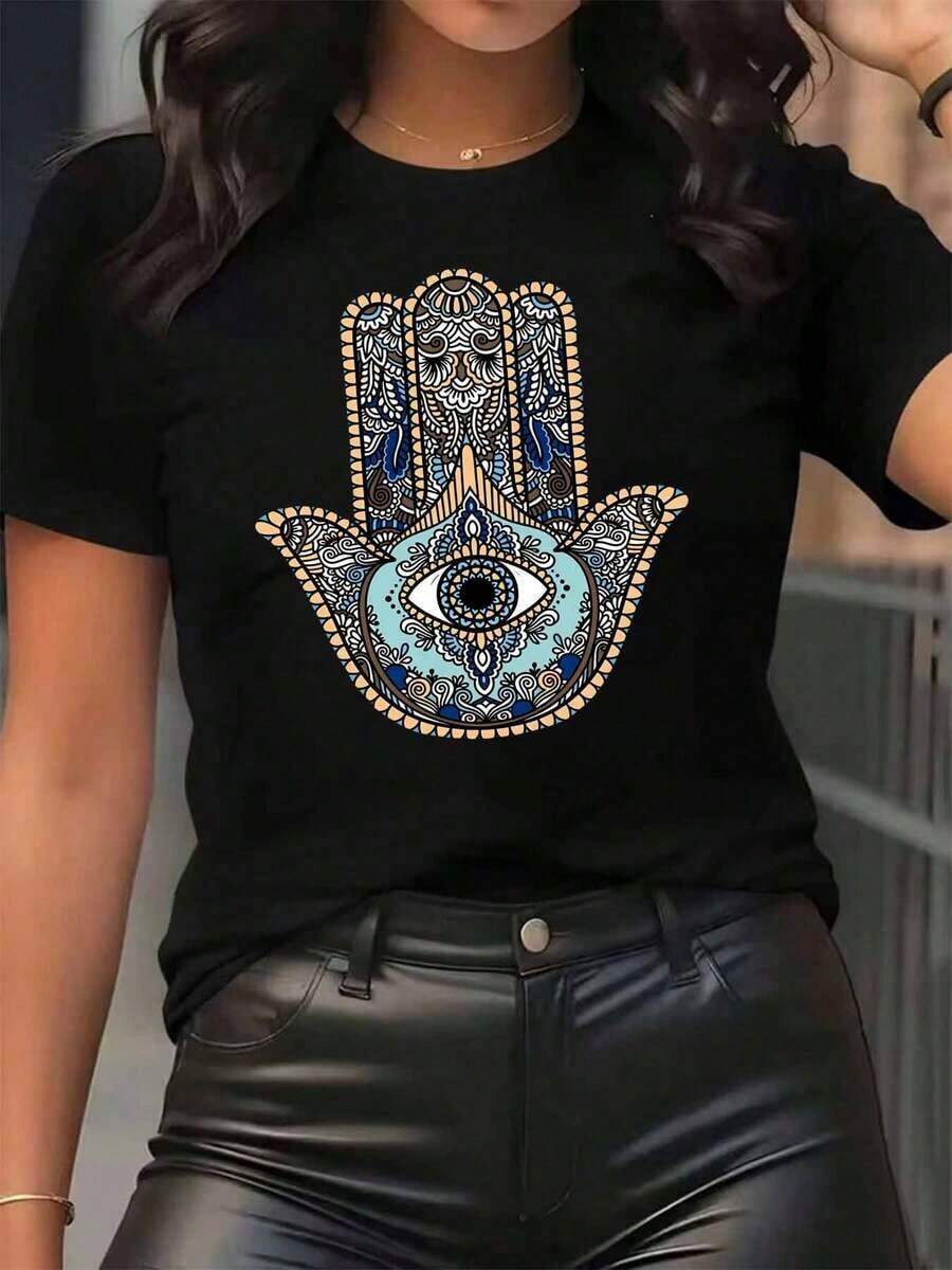 Women's T-Shirt With Hamsa Hand And Eye Print, Round Neck, Casual Daily Wear, Soft And Comfortable, For Festivals, 220g, 100% Cotton - 黑色 - 查看 1