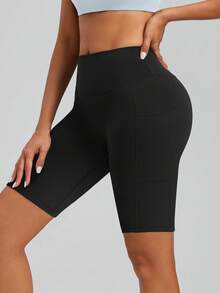 2pcs/Set Women's Elastic High Waist Butt Lifting Tummy Control Cycling Shorts, Summer Sports Shorts, With Pockets, High Elasticity, Comfortable Breathable, Quick Dry Moisture Wicking, Solid Color, Knitted Fabric, Suitable For Gym Fitness, Cycling, Jogging, Running, Workout, Training, Yoga, Pilates - Black - View 3
