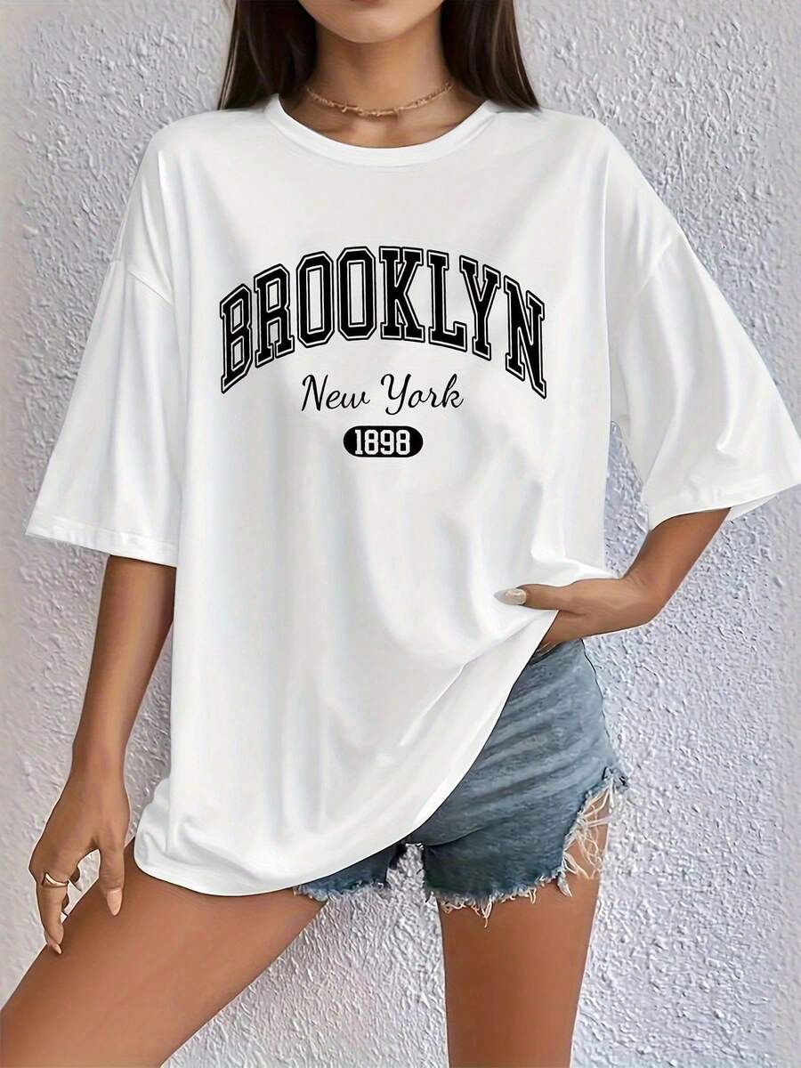 2026 Pure Cotton Women's Summer Top, Plus Size Letter Print T-Shirt, Short-Sleeved Round Neck Casual Top, Suitable For Summer And Spring, Women's Plus Size Clothing With Bright Cotton Fabric Patterns - 白色 - 查看 1