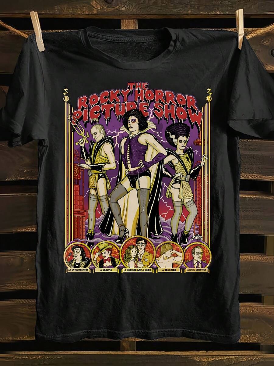 Vintage Men's<Rocky Horror Show>T Shirt - 100%Soft Cotton,Vintage Character Print,Short Sleeve,Round Neck,Casual Style,Machine Washable,Suitable For Wearing In All Seasons,Suitable For Theater Enthusiasts. - 黑色 - 查看 1