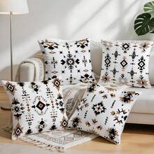 4pcs Bohemian Geometric Pattern 4-Piece Set Single-Sided Printed Throw Pillow Sofa Covers - Peach Skin Velvet Pillowcases, Decorative Pillowcases Suitable For Living Room Sofa Bedroom, Pillow Inserts Not Included - Multicolor - View 9