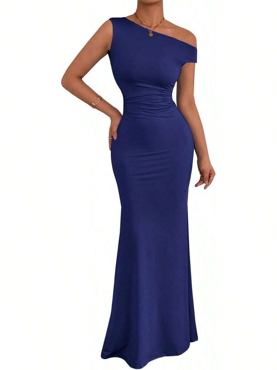 Women's Long Sleeveless Dress With Train, Colored For Wedding, Date, Ceremony And Events - Dark Blue - View 1