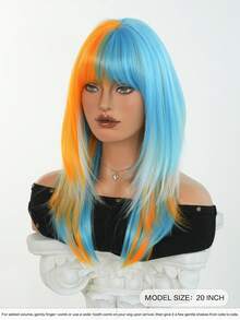 NICKY WALL 黃色&藍色足球運動假髮，中長直髮分層白色挑染附瀏海，自然時尚耐熱纖維假髮，適用於足球和美式足球派對 20 英吋，足球主題節慶穿搭 - 挑染藍色 - 查看 2
