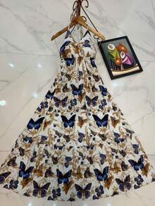 Long Dresses With Built-In Bra, 3D Multicolor Print, New Model With Tie Back, Bare Back. - 白色 - 查看 1