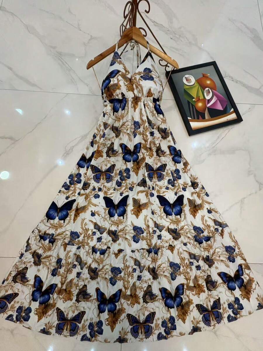 Long Dresses With Built-In Bra, 3D Multicolor Print, New Model With Tie Back, Bare Back. - 白色 - 查看 1